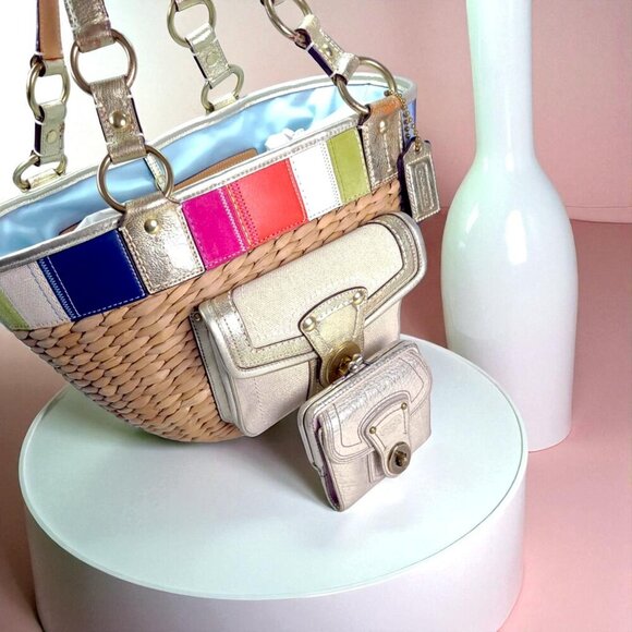 Vintage COACH Legacy Multicolor Straw Basket and gold Turnlock Wallet Set - Picture 6 of 14